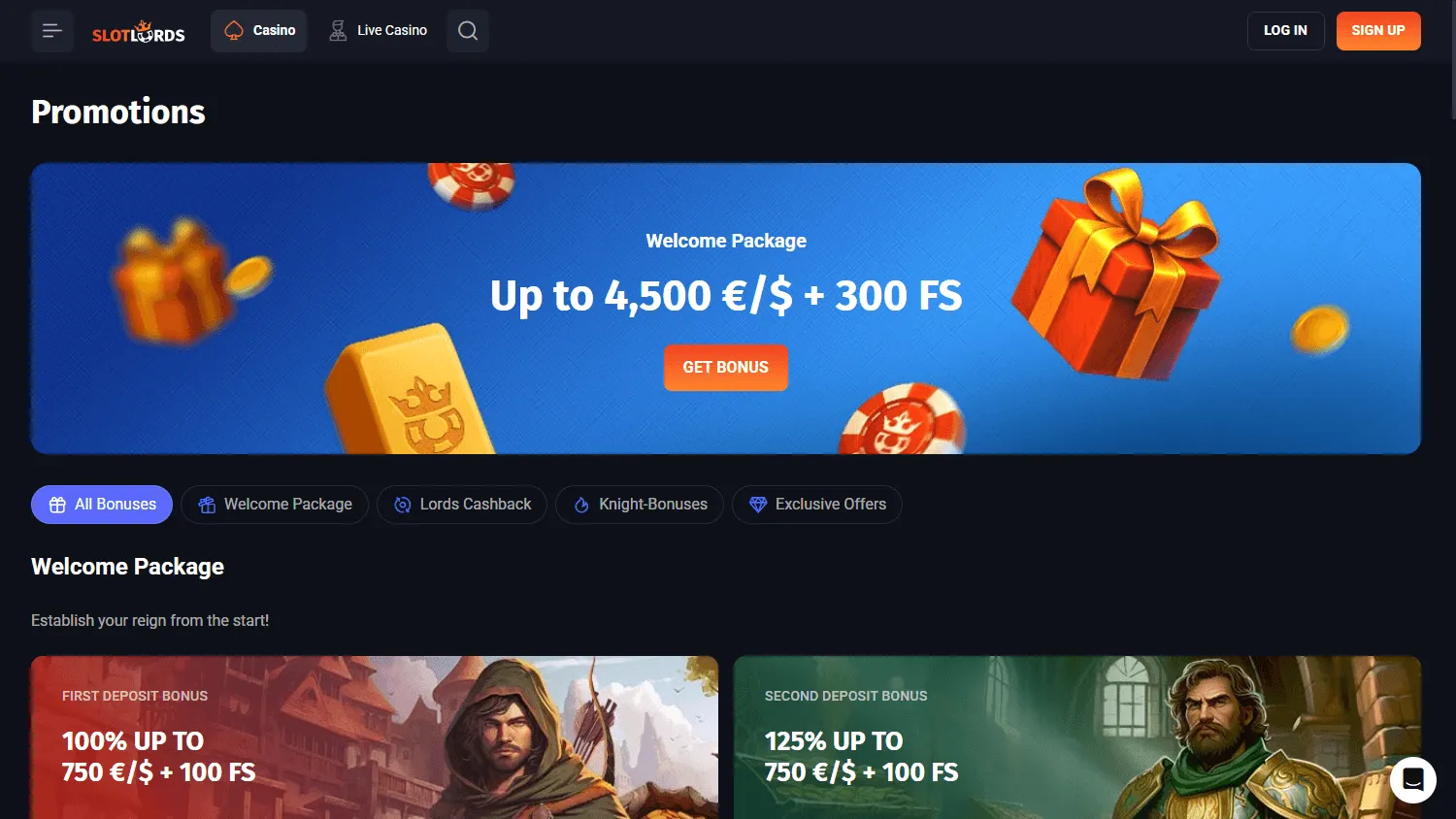 Slotlords Casino desktop promotions area