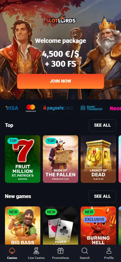 Slotlords Casino mobile games area